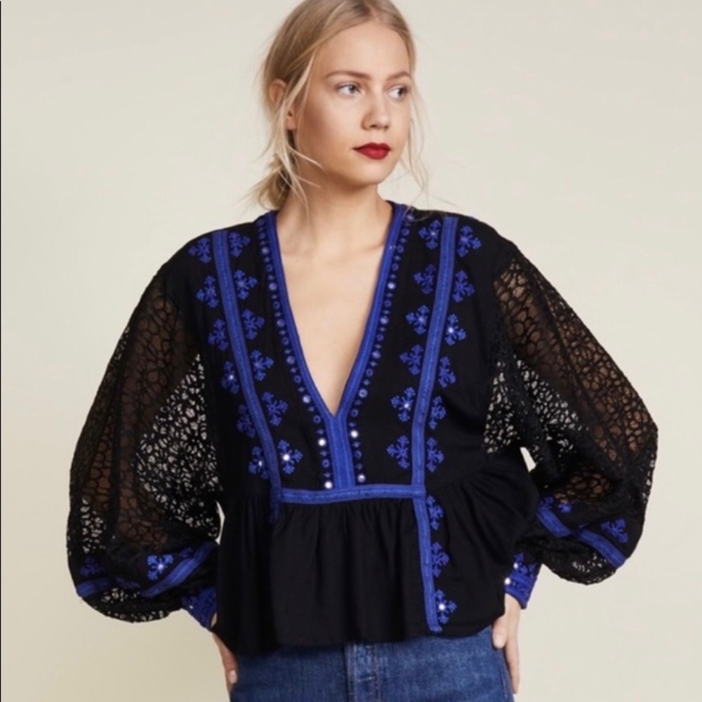 Free People Boogie All Night top M black lace blue trim
